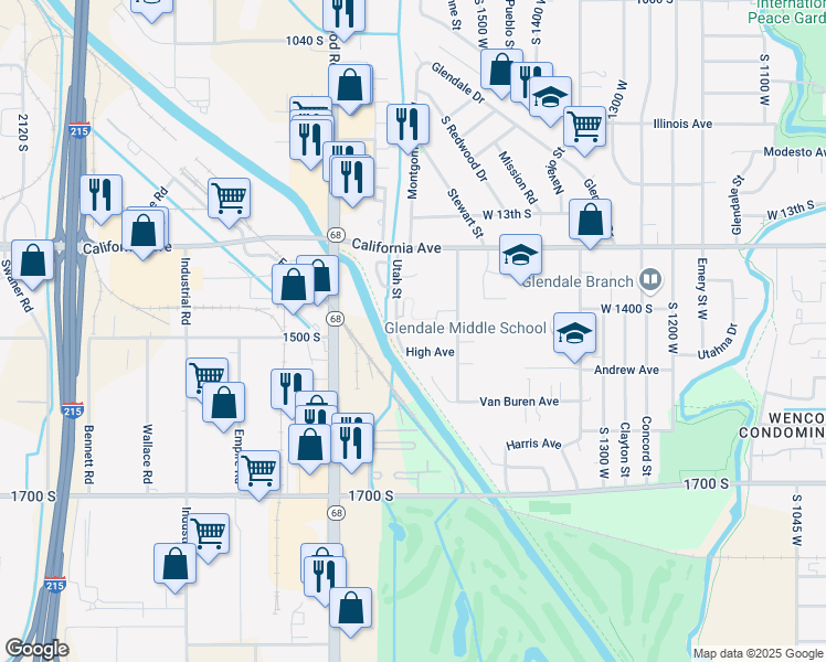 map of restaurants, bars, coffee shops, grocery stores, and more near 1495 Utah Street in Salt Lake City