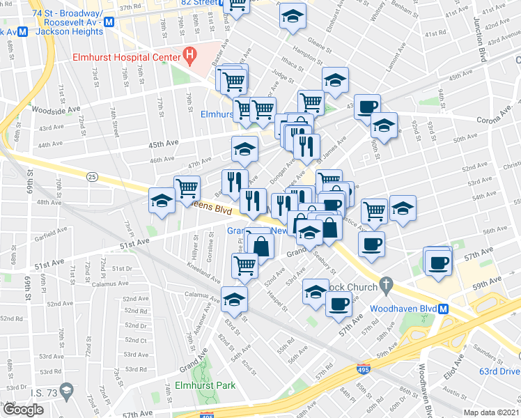 map of restaurants, bars, coffee shops, grocery stores, and more near 81-15 Queens Boulevard in Queens