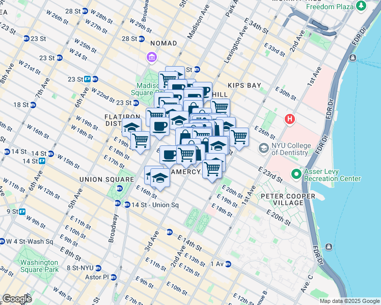 map of restaurants, bars, coffee shops, grocery stores, and more near 17 Lexington Avenue in New York