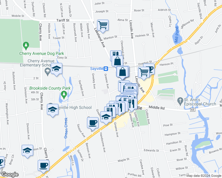 map of restaurants, bars, coffee shops, grocery stores, and more near 59 Greene Avenue in Sayville