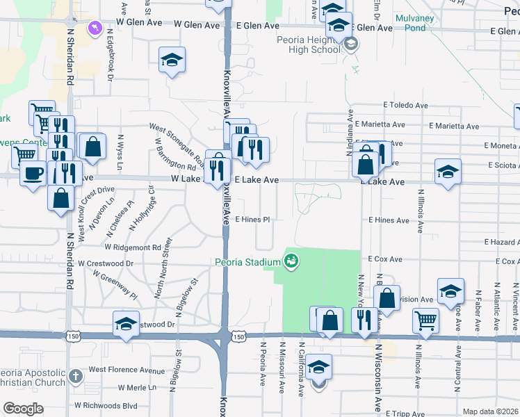 map of restaurants, bars, coffee shops, grocery stores, and more near 4213 North Knollridge Road in Peoria
