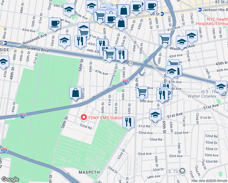 map of restaurants, bars, coffee shops, grocery stores, and more near 100 61st Street in Queens