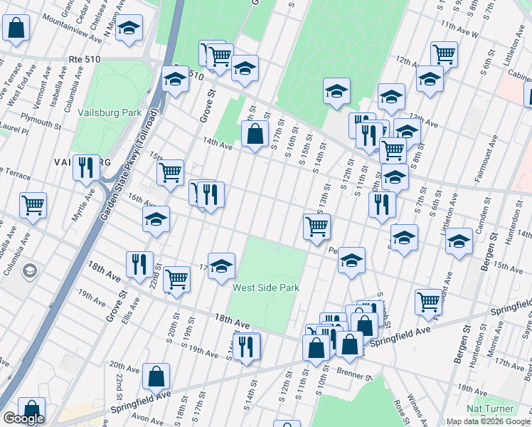 map of restaurants, bars, coffee shops, grocery stores, and more near 512 South 17th Street in Newark