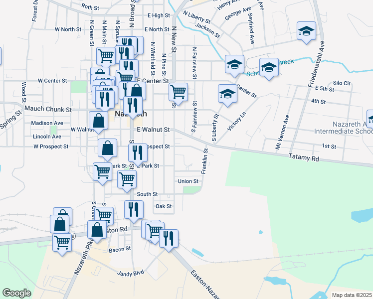 map of restaurants, bars, coffee shops, grocery stores, and more near 328 East Prospect Street in Nazareth