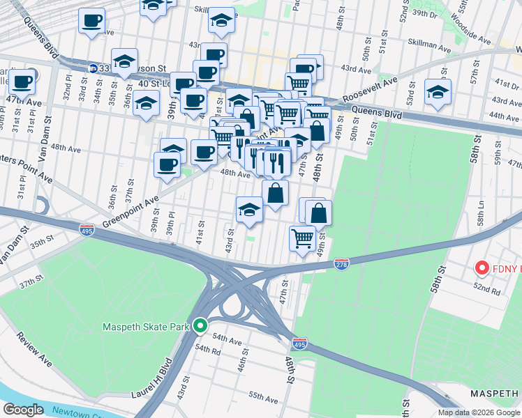 map of restaurants, bars, coffee shops, grocery stores, and more near 48-39 44th Street in Queens