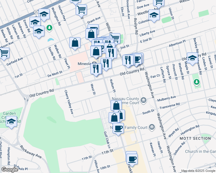 map of restaurants, bars, coffee shops, grocery stores, and more near 1551 Kellum Place in Mineola