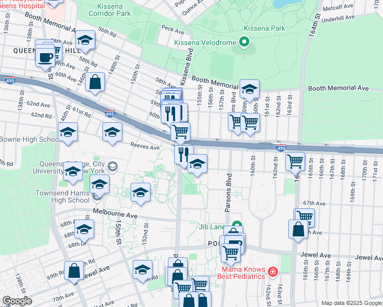 map of restaurants, bars, coffee shops, grocery stores, and more near 154-31 64th Avenue in Queens