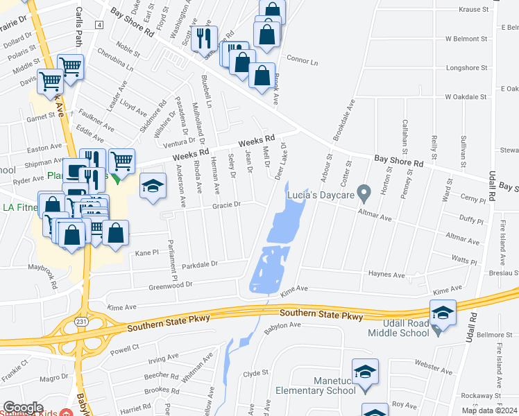 map of restaurants, bars, coffee shops, grocery stores, and more near 168 Gracie Drive in North Babylon