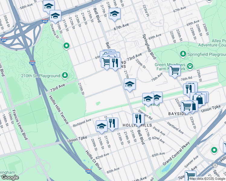 map of restaurants, bars, coffee shops, grocery stores, and more near 213-06 75th Avenue in Queens