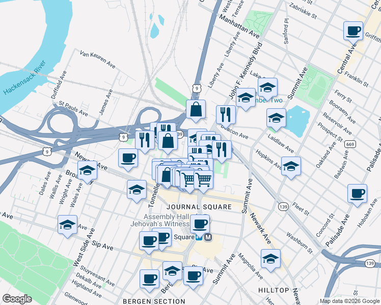 map of restaurants, bars, coffee shops, grocery stores, and more near 76 Liberty Avenue in Jersey City