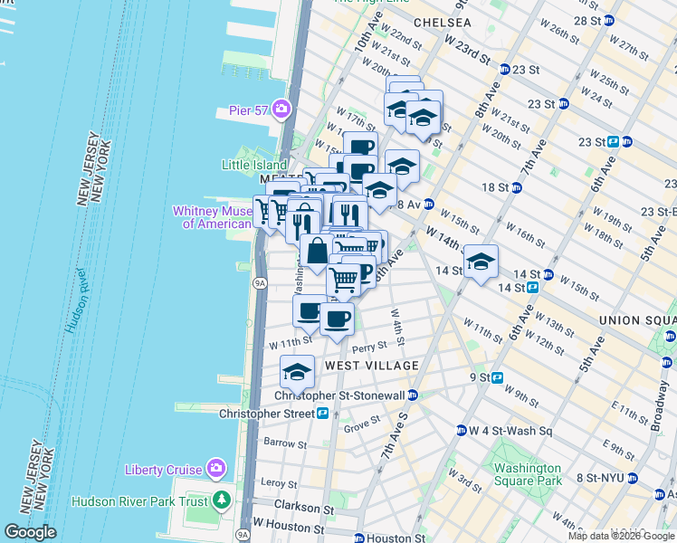 map of restaurants, bars, coffee shops, grocery stores, and more near 842-846 Greenwich Street in New York
