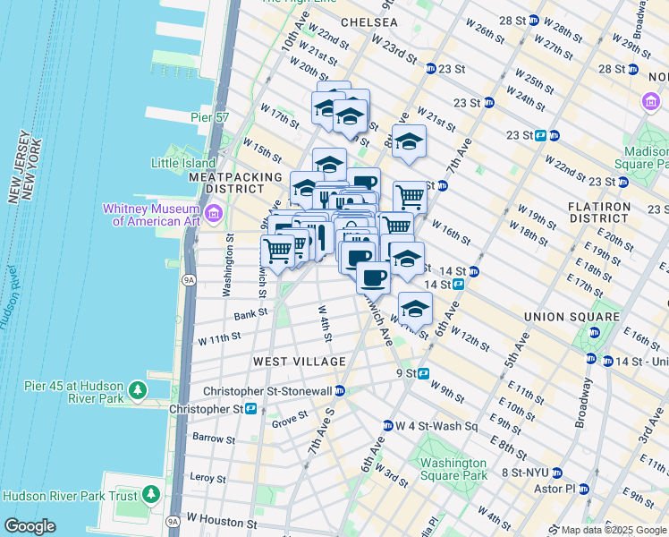 map of restaurants, bars, coffee shops, grocery stores, and more near 121 Greenwich Avenue in New York