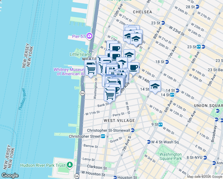 map of restaurants, bars, coffee shops, grocery stores, and more near 58 Jane Street in New York