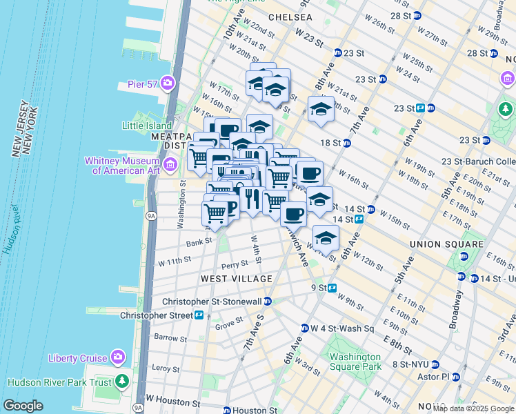 map of restaurants, bars, coffee shops, grocery stores, and more near 45 8th Avenue in New York