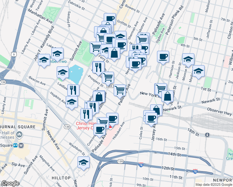 map of restaurants, bars, coffee shops, grocery stores, and more near 15 Reservoir Avenue in Jersey City