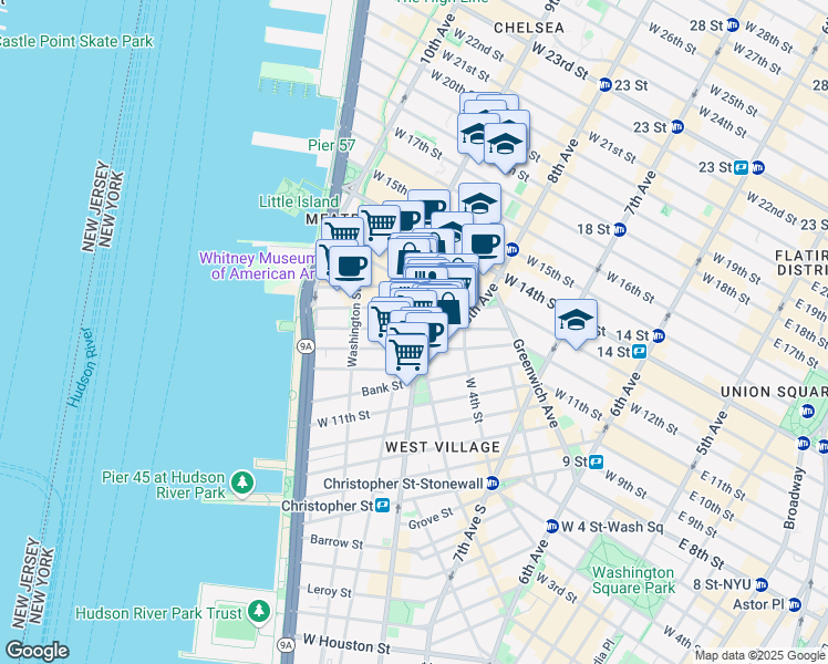 map of restaurants, bars, coffee shops, grocery stores, and more near 621 Hudson Street in New York