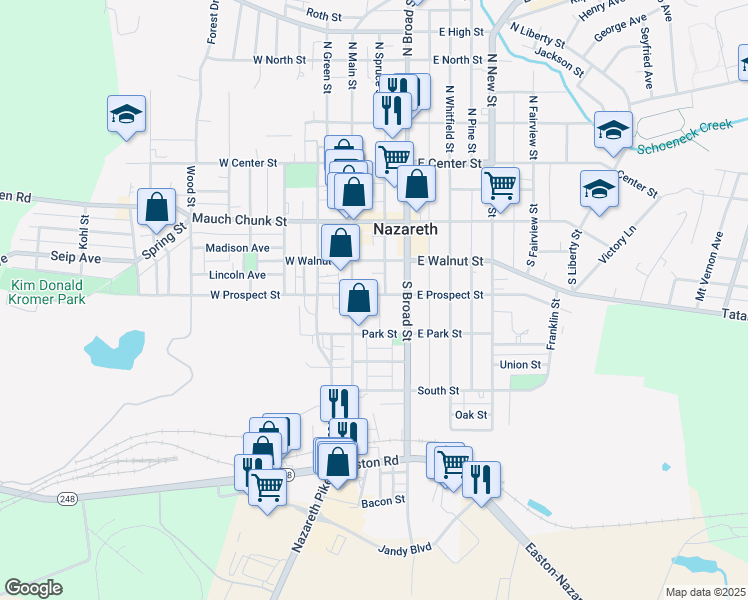 map of restaurants, bars, coffee shops, grocery stores, and more near 22 East Prospect Street in Nazareth