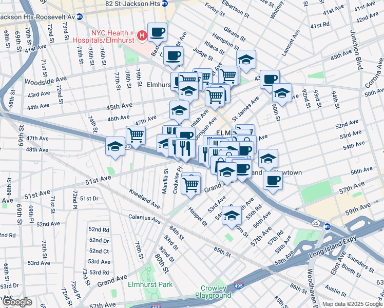 map of restaurants, bars, coffee shops, grocery stores, and more near 82-25 Saint James Avenue in Queens