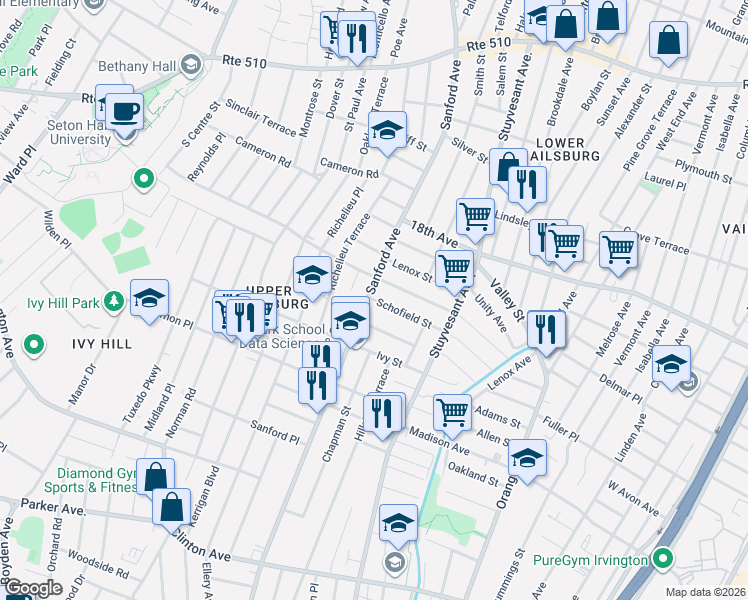 map of restaurants, bars, coffee shops, grocery stores, and more near 130 Underwood Street in Newark