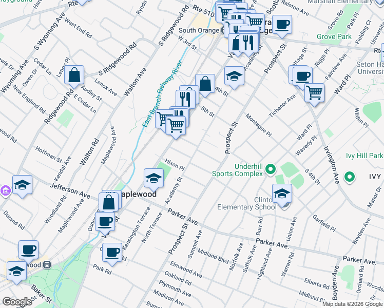 map of restaurants, bars, coffee shops, grocery stores, and more near 82 Roland Avenue in South Orange