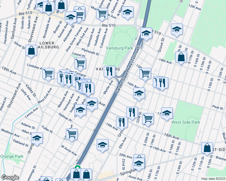 map of restaurants, bars, coffee shops, grocery stores, and more near 388 Myrtle Avenue in Irvington