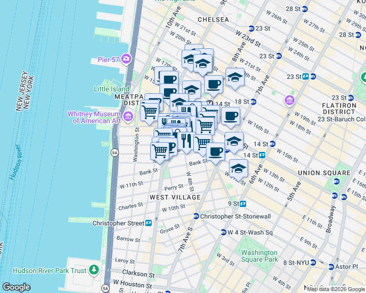 map of restaurants, bars, coffee shops, grocery stores, and more near 40 8th Avenue in New York