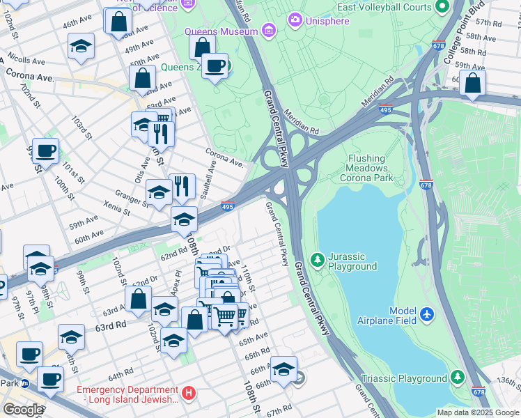 map of restaurants, bars, coffee shops, grocery stores, and more near 61-22 Grand Central Parkway in Queens