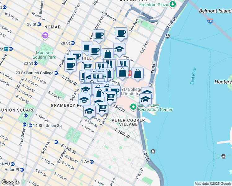 map of restaurants, bars, coffee shops, grocery stores, and more near 421 1st Avenue in New York