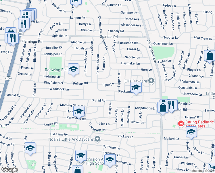 map of restaurants, bars, coffee shops, grocery stores, and more near 28 Piper Lane in Levittown