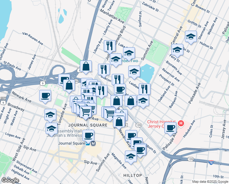 map of restaurants, bars, coffee shops, grocery stores, and more near 203 Hopkins Avenue in Jersey City