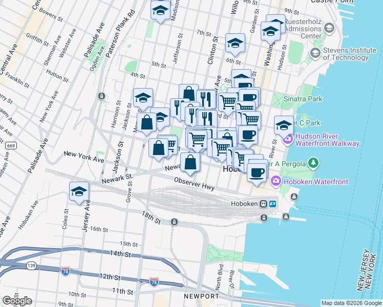 map of restaurants, bars, coffee shops, grocery stores, and more near 354 1st Street in Hoboken