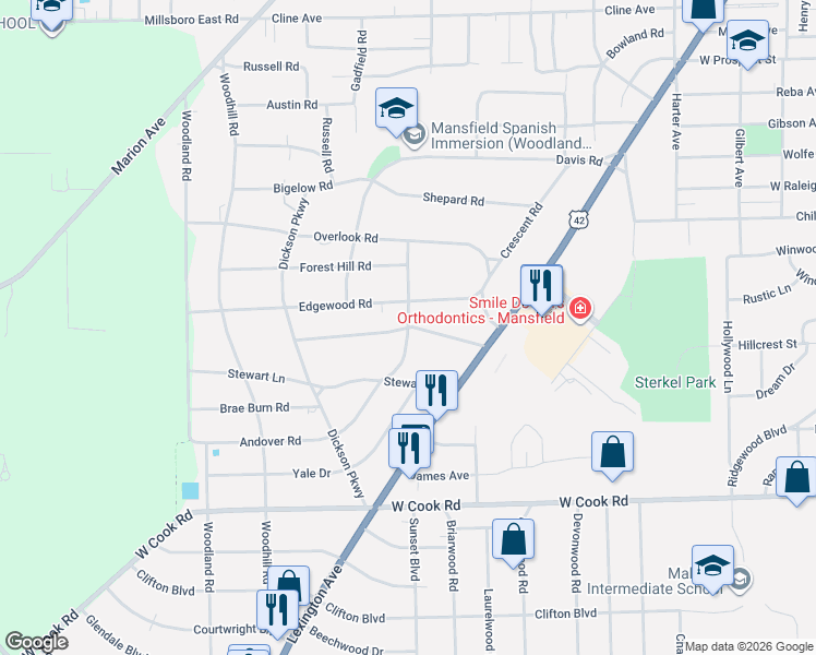 map of restaurants, bars, coffee shops, grocery stores, and more near 764 South Andover Road in Mansfield