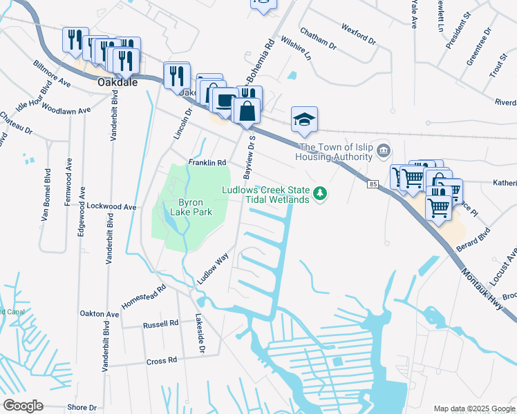 map of restaurants, bars, coffee shops, grocery stores, and more near 29 Tide Court in Oakdale