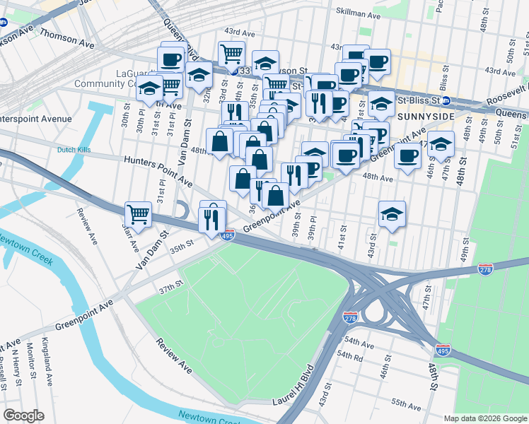 map of restaurants, bars, coffee shops, grocery stores, and more near 48-65 37th Street in Queens