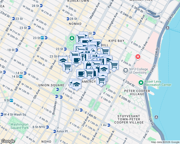 map of restaurants, bars, coffee shops, grocery stores, and more near 134c East 22nd Street in New York