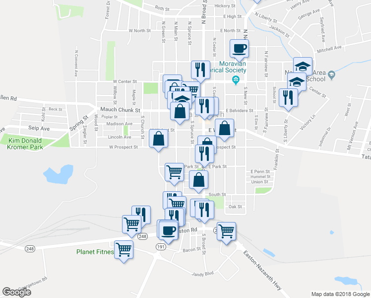 map of restaurants, bars, coffee shops, grocery stores, and more near 22 East Prospect Street in Nazareth