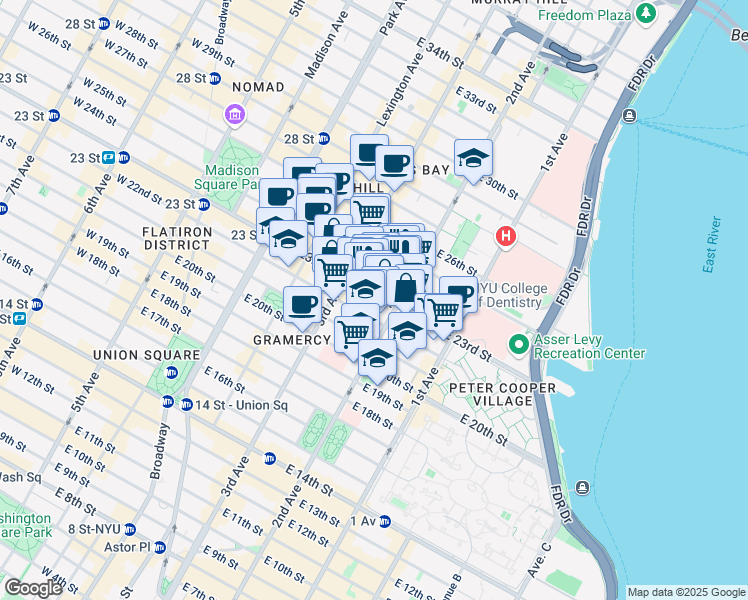 map of restaurants, bars, coffee shops, grocery stores, and more near 230 East 23rd Street in New York