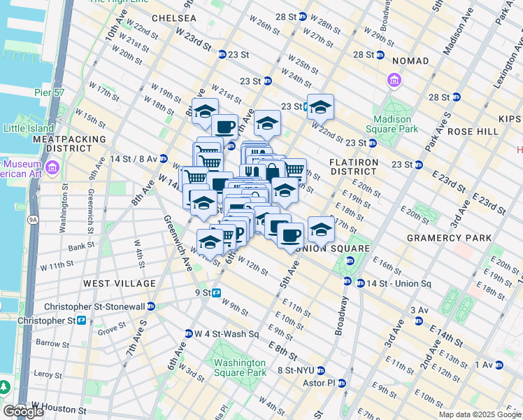 map of restaurants, bars, coffee shops, grocery stores, and more near 77 West 15th Street in New York