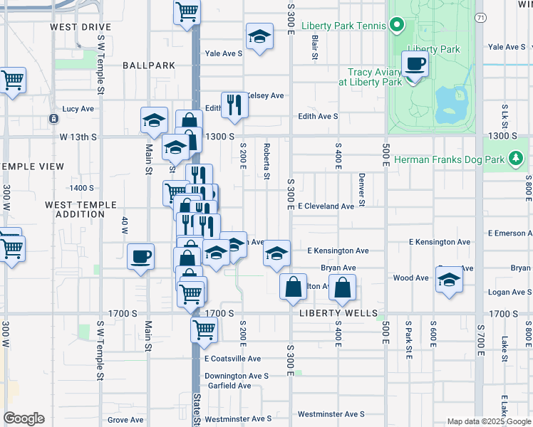 map of restaurants, bars, coffee shops, grocery stores, and more near 1437 Roberta Street in Salt Lake City