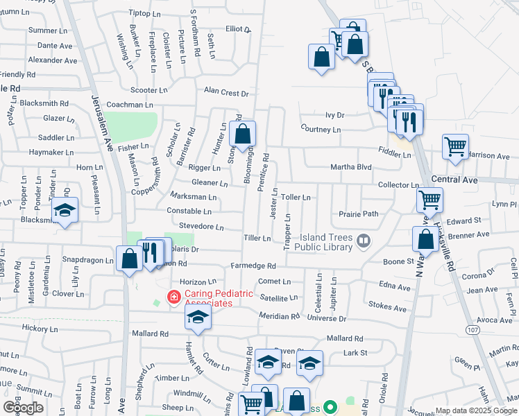 map of restaurants, bars, coffee shops, grocery stores, and more near 31 Prentice Road in Levittown