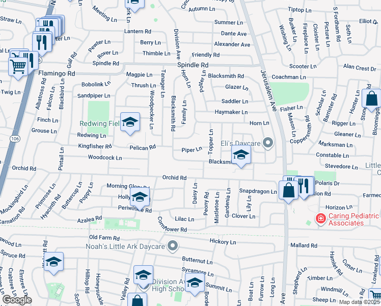 map of restaurants, bars, coffee shops, grocery stores, and more near 28 Piper Lane in Levittown