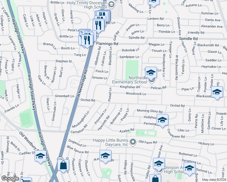 map of restaurants, bars, coffee shops, grocery stores, and more near 2 Pintail Lane in Levittown