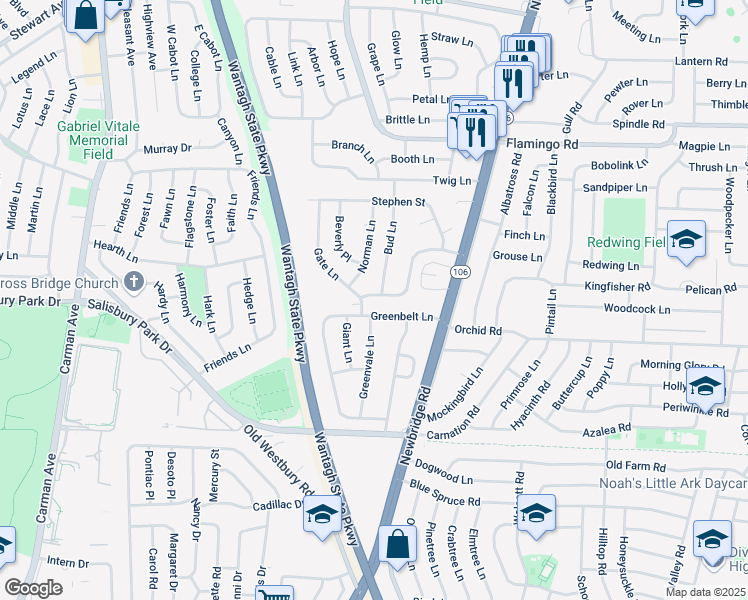 map of restaurants, bars, coffee shops, grocery stores, and more near 128 Myles Avenue in Levittown