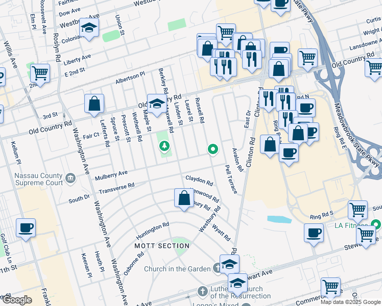 map of restaurants, bars, coffee shops, grocery stores, and more near 8 Laurel Street in Garden City