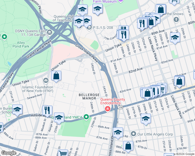 map of restaurants, bars, coffee shops, grocery stores, and more near 81-36 242nd Street in Queens