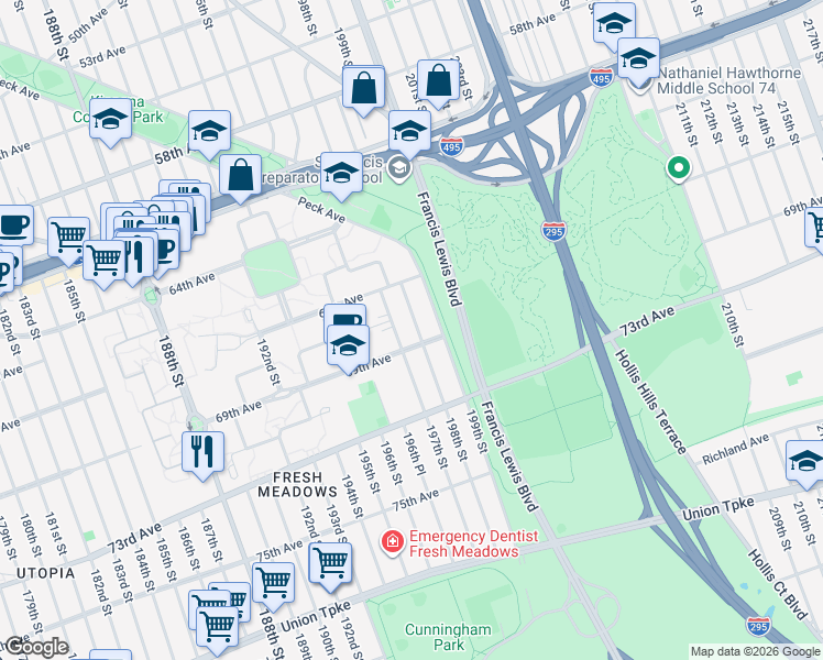 map of restaurants, bars, coffee shops, grocery stores, and more near 67-30 198th Street in Queens