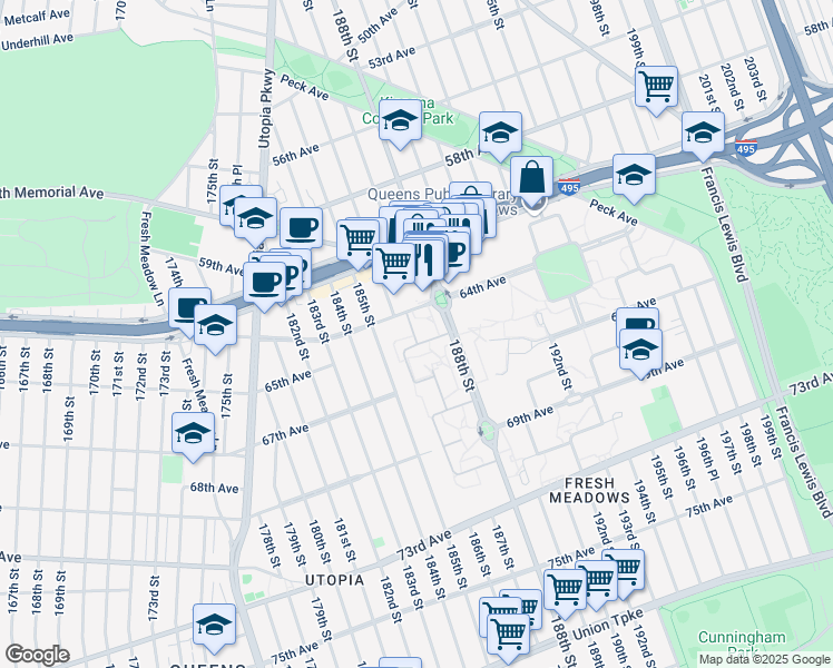map of restaurants, bars, coffee shops, grocery stores, and more near 64-5B 186th Lane in Queens