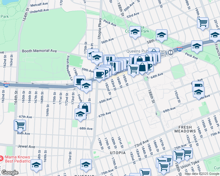 map of restaurants, bars, coffee shops, grocery stores, and more near 61-28 183rd Street in Queens