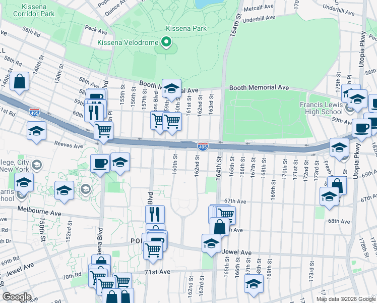 map of restaurants, bars, coffee shops, grocery stores, and more near 161-01 Horace Harding Expressway in Queens