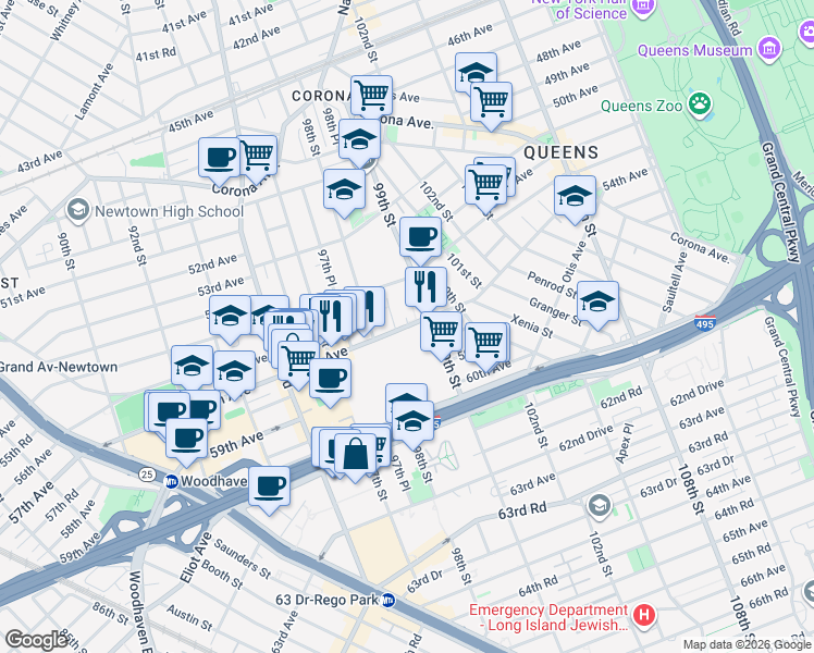 map of restaurants, bars, coffee shops, grocery stores, and more near 55-25 98th Place in Queens